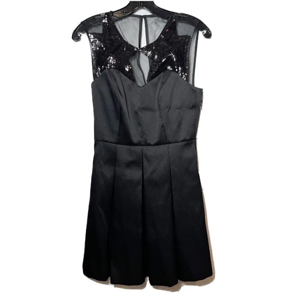 Sandro Sleeveless Sequins Mini Dress Black S 1‎ Sheer Stars Neckline Pleats New